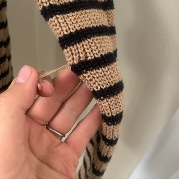 Loft Tan Black Stripe Chunky Knit Faux White Chiffon Layered Sweater Open Back S - Picture 5 of 8